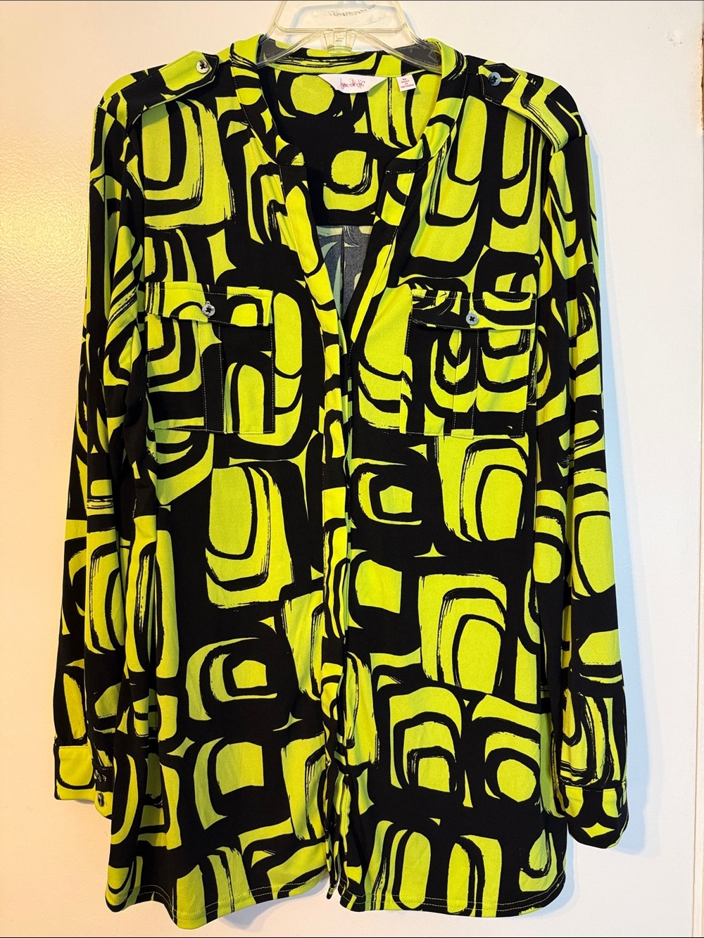 Neon Green & Black Abstract Button-Up Blouse